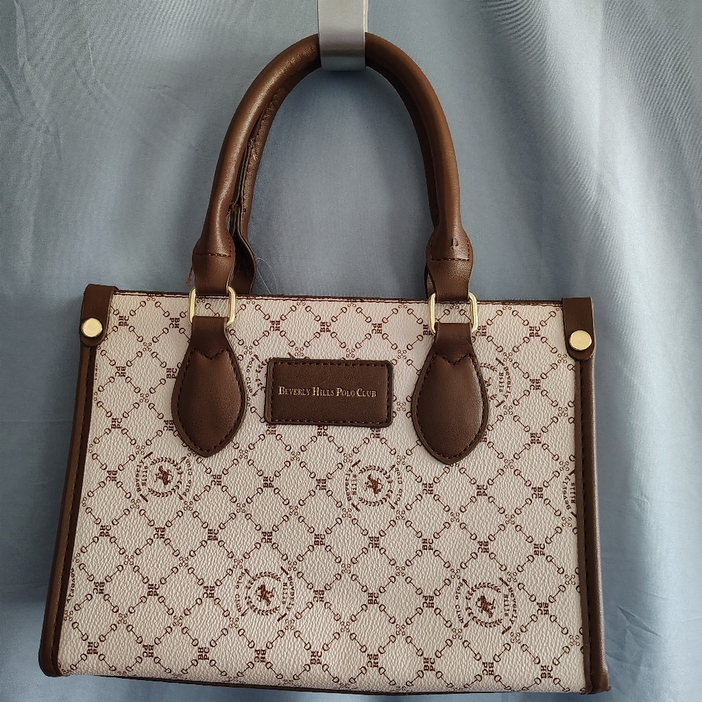 Beverly Hills Polo Club Satchel Handbag Beige Brown Logo Print NWOT